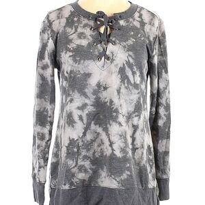 A&I Women's Pullover Sweater Top Long Sleeve Soft Grey Tye-Dye Lace Up     Sz 1X